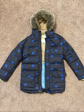 Boden Blue Quilted Star Jacket with Tan Sherpa Lining